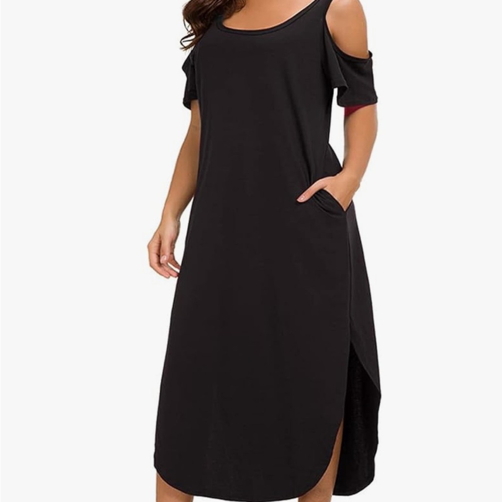 Black Maxi Cold Shoulder Dress with Pockets, Short Sleeves. T-shirt softness